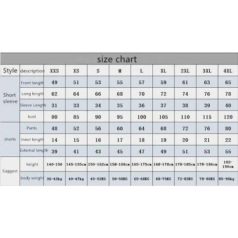 Clothing size chart with measurements for XXS to 4XL in various categories like front length, sleeve length, bust, and pants length.
