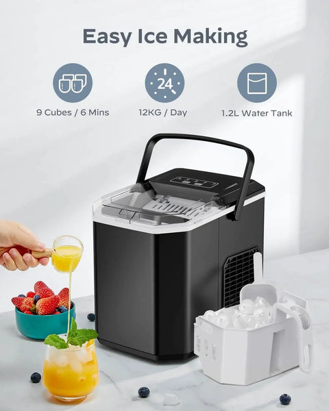 Countertop Ice Maker Portable 9 Cubes In 6 Minutes Self Cleaning Basket And Scoop with ice next to a fruit drink on a kitchen counter.