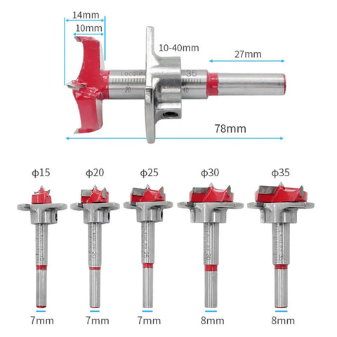 Five Piece Wood Splitting Drill Bit Set For Hinge Holes 15 To 35 mm, adjustable tungsten carbide bits, front view