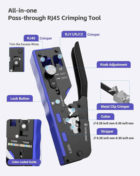Versatile All In One RJ45 Crimp Tool With Adjustable Knob For CAT7 CAT6A CAT6 CAT5E And CAT5 Ethernet Connectors, blue setup