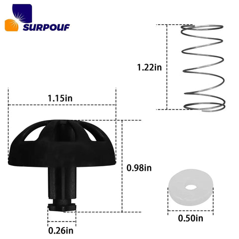 Front view: Surpouf 3-piece coffee brew basket spring-loaded stopper kit; black housing, metal spring, white washer.