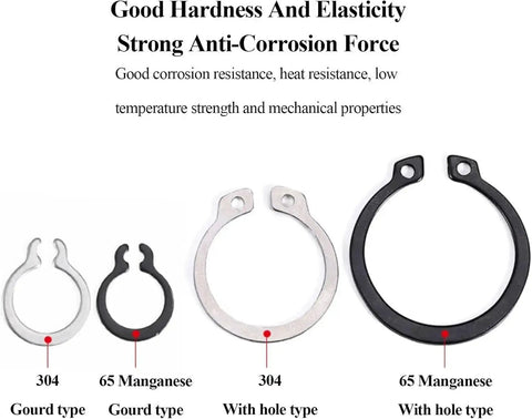 External Retaining Rings Kit With 200 Pcs C Clips, 10 To 14 Mm Sizes, 65Mn Steel, Black Plated Circlips For Axles And Shafts shown in various styles and materials.