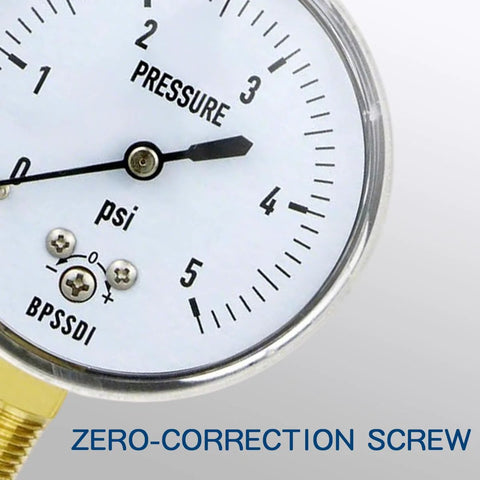 BPSSDI 0-5 psi capsule gauge, 2.5" dial, 304 stainless steel case, 1/4" NPT lower mount, zero-adjust screws