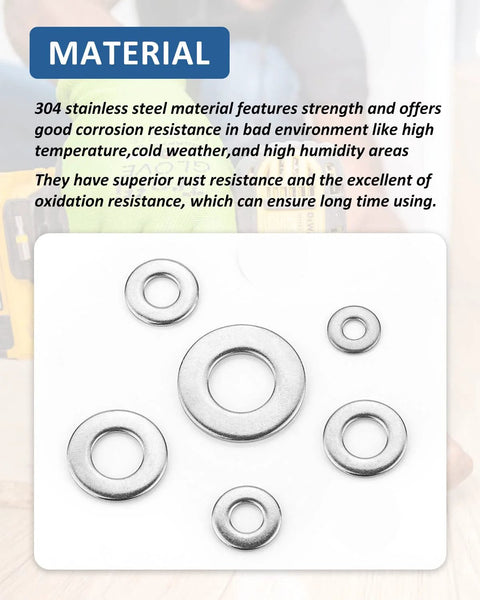 Flat washers, 304 stainless steel, various sizes for screws and bolts