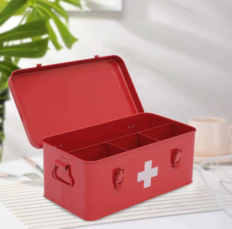 Open red Rock Solid Metal First Aid Box With Safety Lock For Home Emergency Kit showing four compartments, durable steel