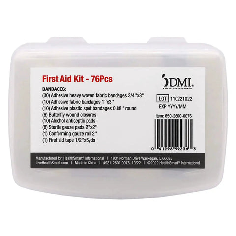 Portable 76 Piece First Aid Kit For Home Car Travel And Office In A Water Resistant Case, includes bandage details view.