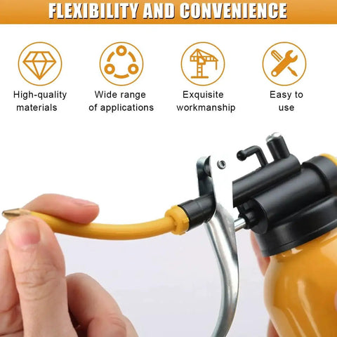 Metal Oil Can With Straight And Flexible Spout 250ml Pistol Pump Oiler For Cars Bikes And Machines Multipurpose Lubrication Tool With Durable Anti Corrosion Coated Reservoir Universal Fit Gaolaosy close-up showing flexible spout being held.