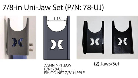 Diagram and images of 7/8-inch Uni Jaw Set for Quick Coupler Hand Clamp 18 Inch With Seven Eighths Uni Jaw Set, showing jaw fit and set contents.