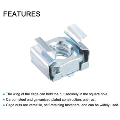 Close-up of 1/4-20 Cage Nut for Server Racks, showing zinc plated carbon steel construction with square-hole fitting.