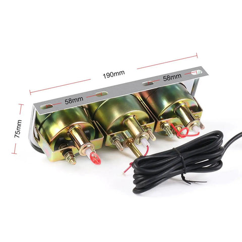 Back view of Universal Chrome 2 Inch 52mm Car Triple Gauge Kit showing wiring connections and mounting panel for 12V vehicles.