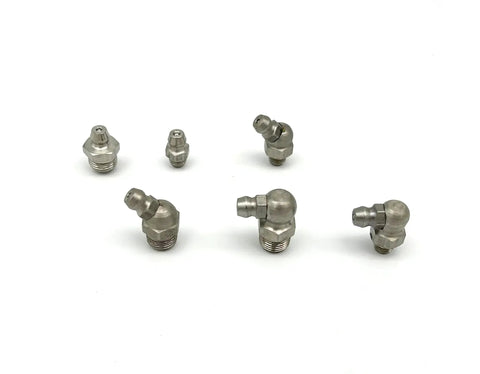 Stainless Steel SAE Grease Fittings Set 40 Pc Marine Grade 303 Includes 1 Quarter Inch 28 LT Straight, various angled fittings