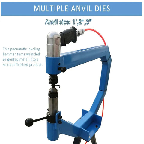 Front view of Industrial Beefy Pneumatic Planishing Hammer With Four Inch Throat Anvil And Pedal Air Planishing Tool For Metalwork And Auto Body 875 To 1350 Hits Per Minute One Quarter Inch NPT Inlet Includes Three Radius Anvils