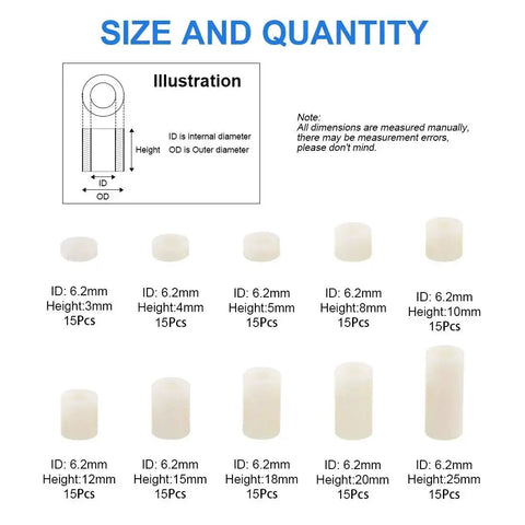Size chart for 150 Piece Nylon Round Spacer Kit For M6 Screws With 11mm Outer Diameter And 6.2mm Inner, 10 size options