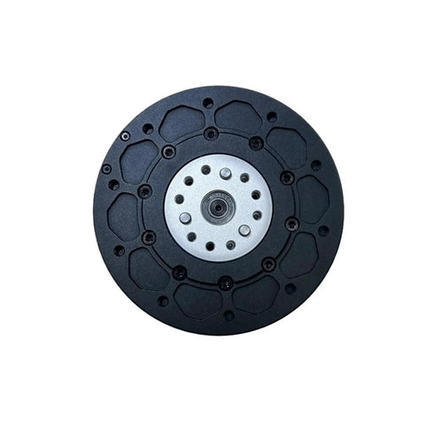 Front view of black round DC servo geared motor with brake, silver center hub with multiple screw holes