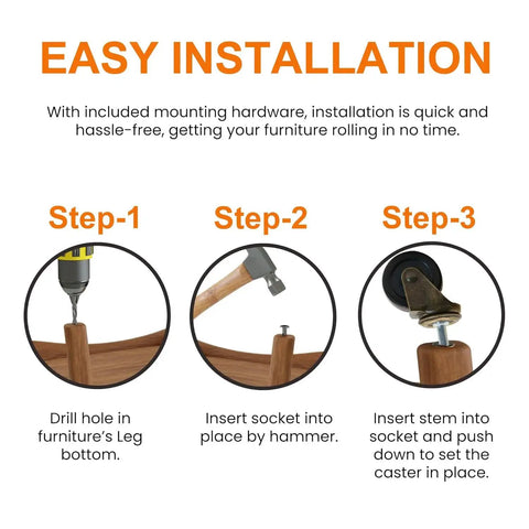 Easy installation guide for Antique Brass Caster Wheels Set Of Four With Rubber Wheels And Five Sixteenth Inch By One And One Half Inch Stem Sockets.