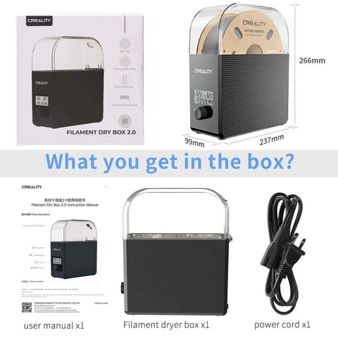 Filament Dryer Box 2.0 with fans shown with 1kg spool, user manual, and power cord, dimensions detailed for 3D printing.