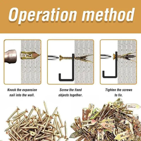 Self Drilling Drywall Anchors And Screws Kit For Quick No Pre Drill Installation graphic showing installation process with screws and anchors.