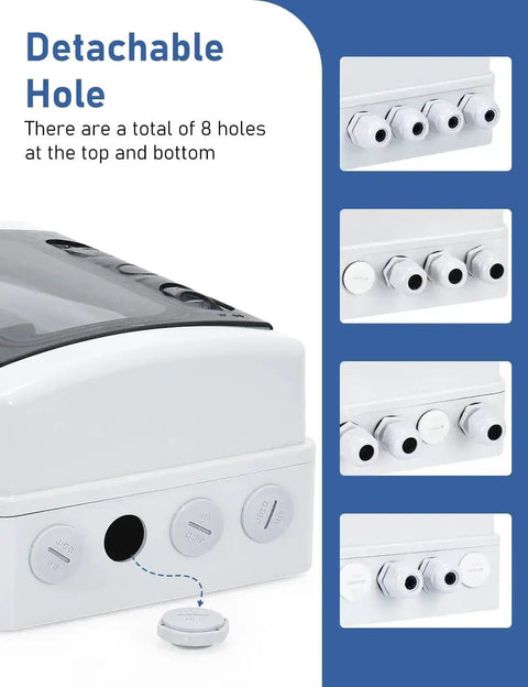 Outdoor Breaker Box 15 Amp Miniature Circuit Breaker With DIN Rail Enclosure Solar Disconnect Switch IP65 Waterproof DC 12 to 500V AC 90 to 480V No Polarity Big Wiring Space Easy Install showing detachable hole feature with 8 holes at top and bottom