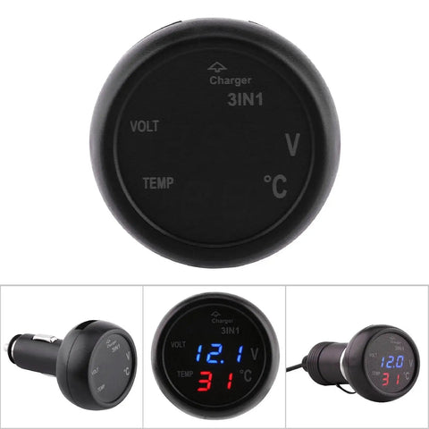 3 In 1 Car Voltmeter With Dual LED Display USB Charger And Temperature Monitor showing voltage and temperature readings.