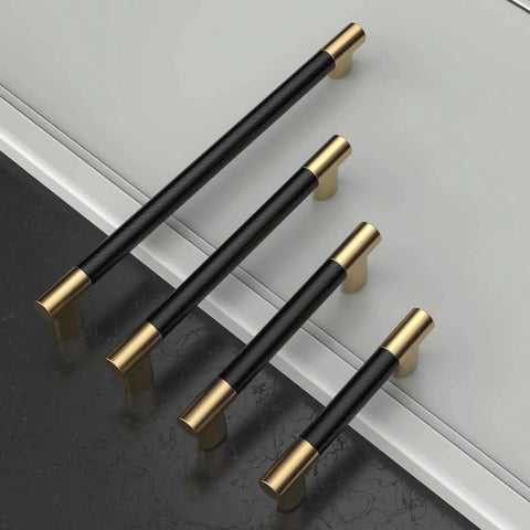Matte Black And Gold Knurled Cabinet Pulls 4 Inch Hole Center handles set on white background, ZH0038 cabinet hardware