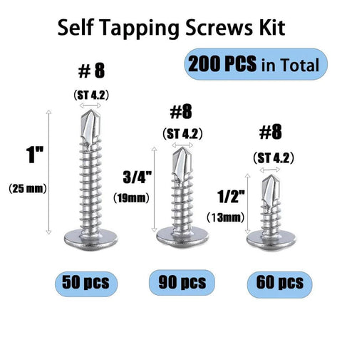 Self-tapping screws kit, #8, 410 stainless steel, 200 pcs in 1 in, 3/4 in and 1/2 in lengths, Bearings Canada