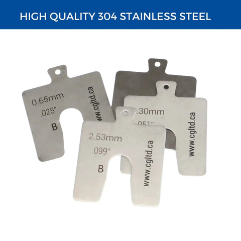 Pro Grade Stainless Steel Slotted Shim Kit 3x3 Inch Size B Pack Of 130 Shims With 0.001 To 0.125 Inch Thicknesses 304 Stainless Rust Resistant. Close-up view of shims showing thickness.