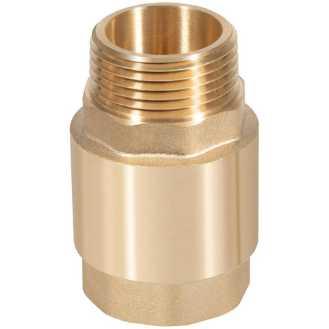Brass one-way check valve, 1 in NPT male inlet, 1 in FNPT outlet, heavy-duty irrigation water supply valve.