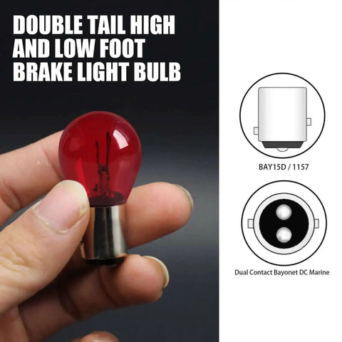 Person holding 12V 21/5W Halogen Brake Light Bulb With BAY15D Base, Dual High Low Filament, Stable Brightness, Red