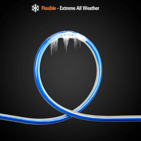 Blue garden hose, 3/4 in x 15 ft PVC, flexible, coiled with white inner lining (front view).