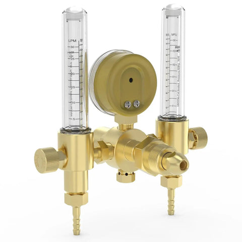 Dual Output Argon Regulator Flow Meter For Mig And Tig Welding With 0 To 4500 PSI Gauge CGA580 Inlet Connection Brass Body