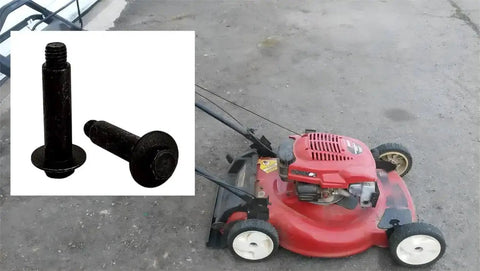 Shoulder Bolt Set Of 2 Replacement Wheel Bolts For Toro Lawn Mowers And Snow Throwers Part 614650 in front of a red lawn mower