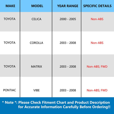 Rear Wheel Hub Assembly Pair For Toyota Corolla 2003 To 2008, Toyota Celica 2000 To 2005, Toyota Matrix 2003 To 2008, And Pontiac Vibe 2003 To 2008 Non ABS Replacement With Durable Bearings And Easy Install fitment chart with model years and specific details.