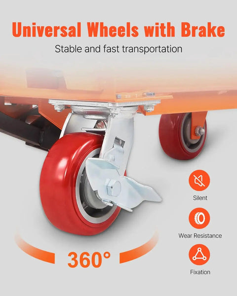Close-up of wheels on 1100 Lbs Hydraulic Lift Table Cart With 11 To 35 Inch Lift Range Four Wheels, showing brake mechanism.