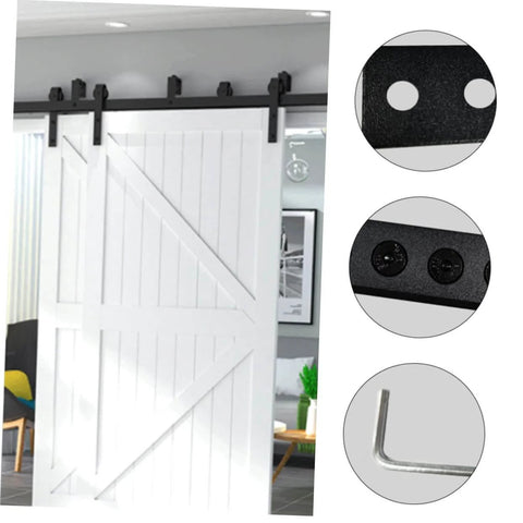 Black Metal Track Connection Plate For Sliding Barn Door Track Fixing Connector displayed in home setting with white barn door.