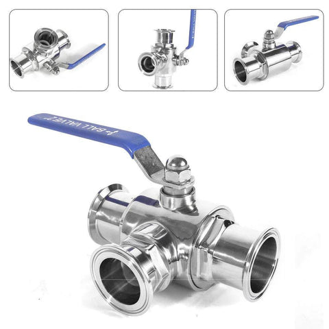 1.5 inch tri-clamp sanitary ball valve, 3-way tee (T-port), stainless steel 304 with blue lever.