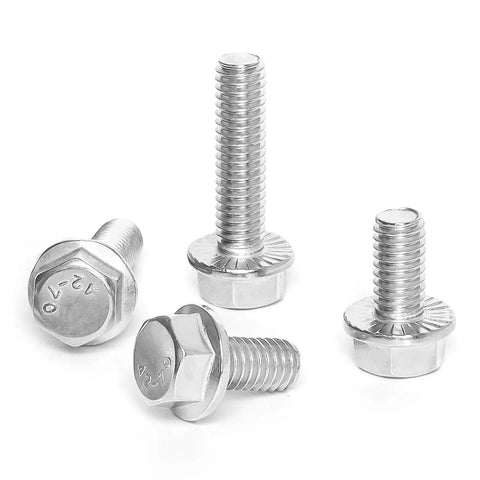 Heavy Duty 1/4-20 X 1 Inch Flanged Hex Head Bolts Set Of 25, Stainless Steel 304 Plain Finish, shown in various angles on white background