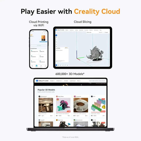 Creality Cloud screen with 3D models, cloud printing via WiFi, and slicing software on mobile and laptop for Halot R6 Resin 3D Printer