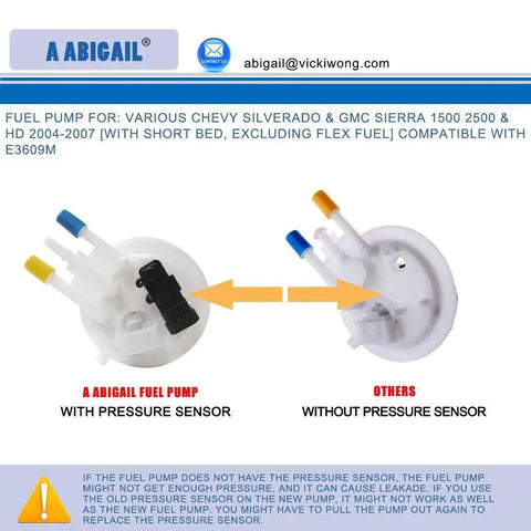 Chevy Silverado And GMC Sierra Fuel Pump Replacement For 2004 To 2007 4.3L 4.8L 5.3L 6.0L 8.1L V8 Engines Fits 1500 2500 HD Models Replaces OE E3609M comparison with pressure sensor