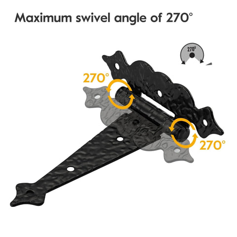 6 Inch Decorative Hammered Steel Rust Resistant Heavy Duty T Hinges with 270° Swivel, Outdoor Tee Hinges for Doors