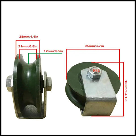 Heavy Duty Two U Groove Caster Wheel Set for Sliding Doors, 95mm cast iron with bearings, side view showing measurements