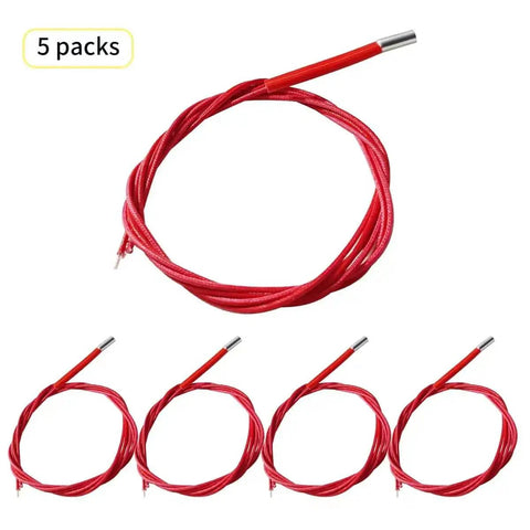 Five Pack 24V 40W Ceramic Heater Cartridge 620 Hot End for 3D Printer Models with Wiring in Red, shown in a set of five.