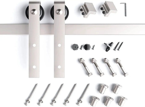 Brushed Nickel Sliding Barn Door Hardware Track Kit Heavy Duty Rollers 36-40 with screws and components on white background