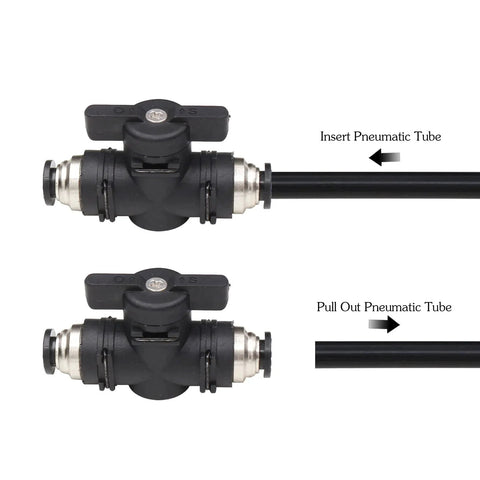 Quarter Inch Push Connect Pneumatic Ball Valve With Quick Connect Tube Fittings Straight Union Air Flow Control Valve For Air Compressors 3 Pack Durable Metal And Plastic Construction Easy Install Leak Free Connection shown with tube insertion and removal steps.