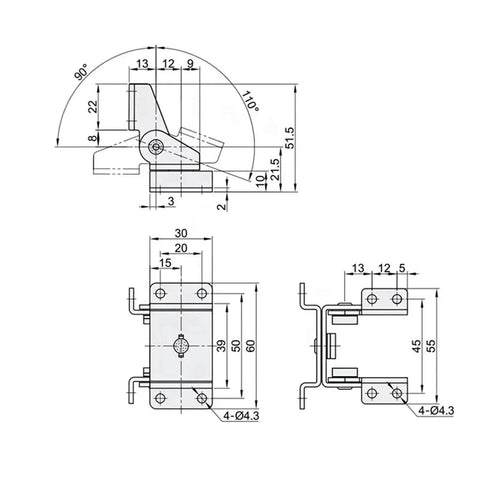 Technical diagram of Stainless Steel Dual Axis Torque Hinge With 360 Degree Rotation And Stop At Any Time, Model DP006 SS.