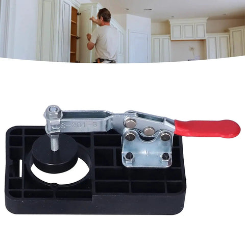 Household Woodworking Hinge Boring Jig Kit with alloy opener and red positioning clamp for 35mm and 1.4 inch holes, DIY tool.