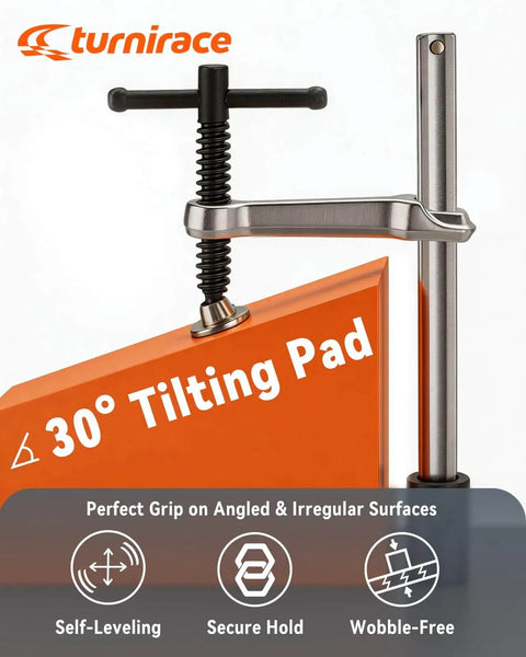 Clamp with 30-degree tilting pad for angled surfaces, highlighting self-leveling, secure hold, and wobble-free features.