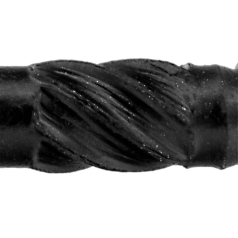 Close-up of threading on Beefy Black Timber And Landscaping Wood Screws Size Fourteen By Twelve Inch Exterior Coated For Logs And Decking