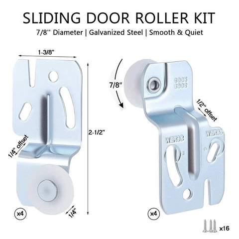 8 Pcs Top Hung Sliding Closet Door Roller Kit With 7/8 Inch Wheel Diameter For Doors 3/4 To 1-3/8 Inch Thick Durable Galvanized Hardware Set For Precise Fit And Front 1/4 Inch Rear 1/2 Inch Offsets shown including dimensions and screws