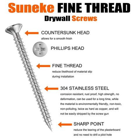 100 Pack Size Six Drywall Screws 1-1/4 Inch High Hardness Stainless Steel 304 Fine Thread Phillips Drive Bugle Head