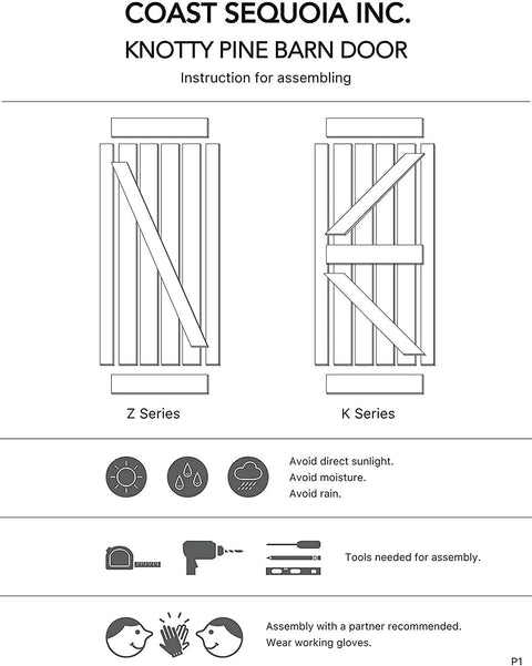Assembly instructions for 36 Inch By 84 Inch DIY Solid Interior Barn Door Kit With Knotty Pine, Painted Dark Gray Finish, showing Z and K series.